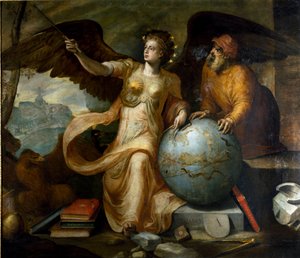 Astrologia. Alegoria e personificação da astrologia com instrumentos astrológicos e globo celestial. Pintura de Frans Floris (1515-1570). Pintor flamengo. Genes, Coleção Particular.