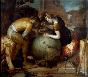 Geometria. Alegoria e personificação da Geometria segurando uma comppas acima de um globo terrestre. Diferentes instrumentos geométricos estão dispostos em primeiro plano. Pintura de Frans Floris (1515-1570). Arte flamenga. Coleção particular, Genes.