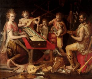 Music Characters vetus tem o antigo ambiente de instrumentos musicais que compõem uma alegoria. Pintura de Frans Floris (1515-1570) Genes do século XVI, coleção particular de Frans Floris