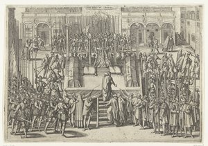 O cadafalso após a decapitação de Egmond e Horne, 1568 de Frans Hogenberg (attributed to)