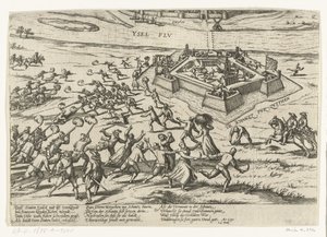 Tomando o reduto em Zutphen, 1591 Série 10: Eventos Holandeses e Estrangeiros, 1587-1612 (título da série) de Frans Hogenberg (workshop of)