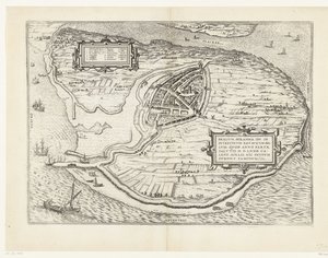 Mapa da ilha de Voorne e mapa de Brielle, 1572
Brilium, Holandiae opp. ob intestinum batavicum bellum, quod anno partae salutis M.D.LXXII. calend aprilis, hîc initium sumpsit, famosum (título sobre o objecto) de Frans Hogenberg
