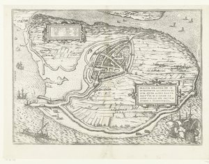 Mapa da ilha de Voorne e mapa de Brielle, 1572
Brilium, Holandiae opp. ob intestinum batavicum bellum, quod anno partae salutis M.D.LXXII. calend aprilis, hîc initium sumpsit, famosum (título sobre o objecto)