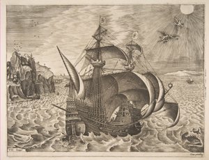 Três mestres armados com Dédalo e Ícaro no céu de The Sailing Vessels, 1561-65. de Frans Huys