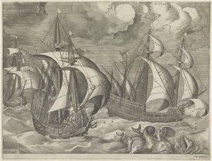 Três navios de guerra, em primeiro plano Arion em um golfinho Veleiros (título da série)