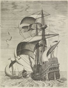 Um navio de guerra acompanhado por uma galé
Navios à vela (título da série)