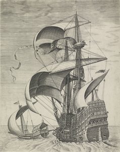 Um navio de guerra acompanhado por uma galé
Navios à vela (título da série)