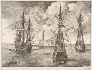 Quatro mestres e dois três mestres ancorados perto de uma ilha fortificada de The Sailing Ves ..., 1561-65. de Frans Huys