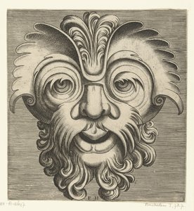 Máscara com barba e bigode com caracóis, um tufo de caracóis repousa sobre a raiz do nariz
Pourtraicture ingenieuse de plusieurs facons de masques... (título da série)