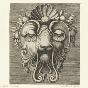 Máscara com olhos com vieiras e uma casca entre cachos de fruta na testa
Pourtraicture ingenieuse de plusieurs facons de masques... (título da série) de Frans Huys