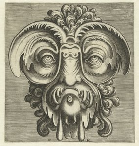 Máscara com pires à volta dos olhos e um tufo de caracóis na cabeça
Pourtraicture ingenieuse de plusieurs facons de masques... (título da série) de Frans Huys