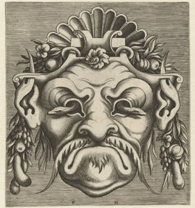 Máscara com duas serpentes olhando para fora das órbitas dos olhos
Pourtraicture ingenieuse de plusieurs facons de masques... (título da série)