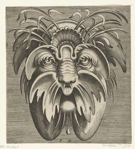 Máscara com bochechas caídas e bigode, há gramíneas no cabelo Pourtraicture ingenieuse de plusieurs facons de masques… (título da série)