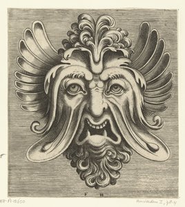 Máscara com bochechas caídas, dois dentes inferiores pontiagudos e um tufo de cachos descansando na raiz do nariz Pourtraicture ingenieuse de plusieurs facons de masques… (título da série) de Frans Huys