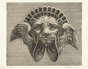 Máscara com asas em vez de orelhas e um toucado com a forma de uma concha
Pourtraicture ingenieuse de plusieurs facons de masques... (título da série) de Frans Huys