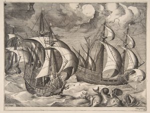 Três caravelas em uma rajada crescente com Arion em um golfinho de The Sailing Vessels, 1561-65. de Frans Huys