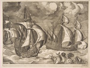 Três caravelas em uma rajada crescente com Arion em um golfinho de The Sailing Vessels, 1561-65. de Frans Huys