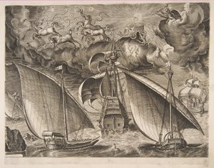 Duas galeras navegando atrás de um três mestres armados com Phaeton e Júpiter no céu, f ..., 1561-65. de Frans Huys