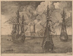 Quatro Mestres (Esquerda) e Dois Três Mestres Ancorados Perto de uma Ilha Fortificada com um Farol
