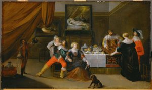 Cena social com uma foto dos Danae em segundo plano de Frans III Francken