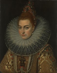 Retrato da Arquiduquesa Isabel Clara Eugénia (1566-1633, Infanta de Espanha, c.1600 (óleo sobre cobre) de Frans II (studio of) Pourbus