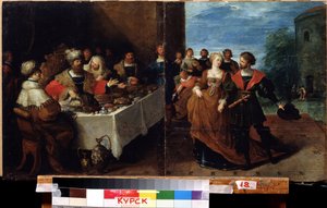 "Festa de Herodes A festa na casa do rei Herodes Antipas (14 a.C.-40 d.C.), na qual Salomé pediu que a cabeça de São João Baptista lhe fosse trazida numa bandeja. No fundo da pintura é retratada a execução do santo. Pintado