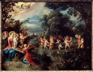 Madonna tem a criança numa paisagem rodeada de músicos e anjos dançantes. Pintura de Frans Le Jeune Franken (1581-1642) Ec. Flam.