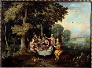 Os cinco sentidos mulheres jovens numa paisagem com banquete (gosto), música (ouvir), espelho (ver), bouquet de flores (cheiro) e carinho (toque). Pintura de Franz (Frans) Francken II le Jeune (1581-1642) (ec.flam.) Sol do século XVII. 0,65x0,9 m Toulouse,