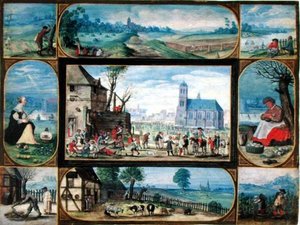 Composto por dez cenas alegóricas da vida na cidade e no campo (guache com toques de ouro em velino) de Frans II the Younger Francken
