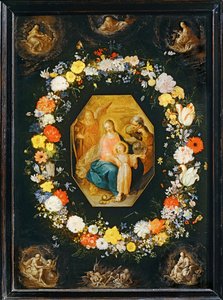 A Sagrada Família rodeada por uma grinalda de flores ... de Frans II the Younger Francken
