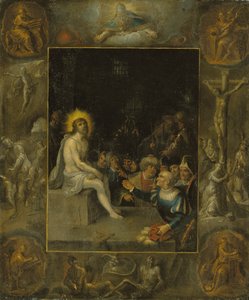 A zombaria de Cristo, em um ambiente sombrio representando Deus, o Pai, os evangelistas, a crucificação, a ressurreição e o diabo e a morte com a serpente coroada de Frans II the Younger Francken