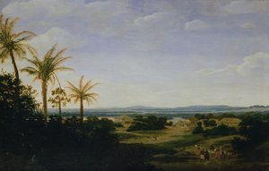 Paisagem brasileira com a residência portuguesa, a Igreja e a Casa Granda, o rio Varzea além de Frans Post