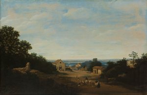 Paisagem brasileira com a aldeia de Igaraçú. À esquerda a igreja de Sts Cosmas e Damian de Frans Post