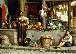Um mercado de vegetais; Um mercado de vegetais, 1874 de Frans Meerts