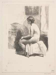 Modelo feminino nu, sentado em uma sala