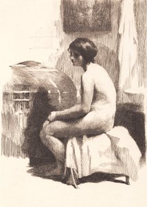 Modelo feminino nu, sentado em uma sala