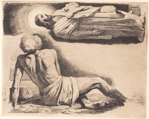 Placa de teste: Homem reclinado e uma figura de Cristo acima de Frans Schwartz
