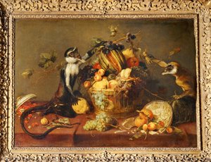Dois macacos que assaltam um cesto de fruta ... de Frans Snyders