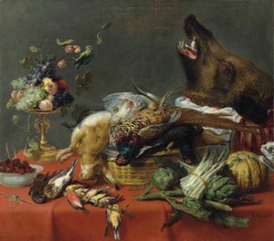 Mesa coberta com caça, fruta, legumes e cabeça de javali de Frans Snyders