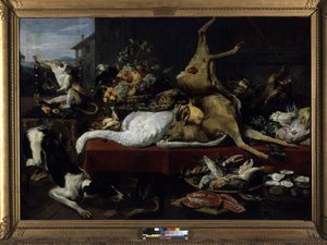 Natureza morta de caça, peixe, frutas e vegetais (óleo sobre tela)