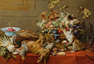 Natureza-morta com fruta, caça morta, legumes, um macaco vivo, um esquilo e um gato de Frans Snyders