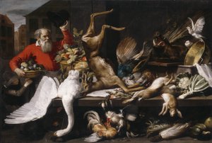 Natureza morta com caça morta, frutas e legumes em um mercado, 1614