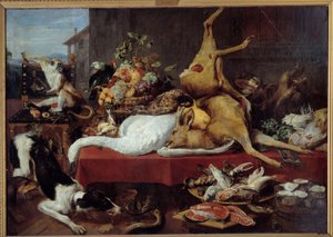 Natureza morta com veados Caça (faisão, ganso, veado), fatia de peixe, caranguejo, legumes. pintura de Frans Snyders (1579-1657)