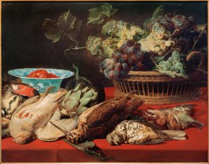 Natureza Morta - Cesta com Uvas, Aves e Morangos de Frans Snyders