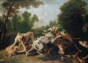Cães brigando em uma clareira arborizada de Frans Snyders or Snijders