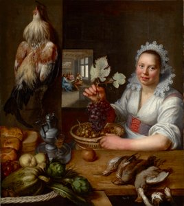 Scene de cuisine avec scene du Christ a Emmaus - Cena da cozinha com Cristo em Emaús, de Snyders (Snijders), Frans (1579-1657). Óleo sobre tela, Entre 1615 e 1620. Dimensões: 114,5x102 cm. Muzeul National Brukenthal, Sibiu de Frans Snyders or Snijders