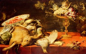Natureza morta com animais e frutas (óleo sobre painel de carvalho)