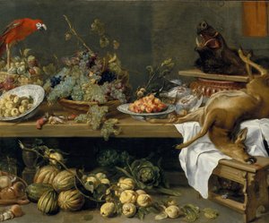 Natureza morta com frutas, legumes e caça morta, 1635 de Frans Snyders or Snijders