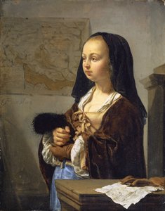 Mulher jovem, com, ventilador pena, preparado, ir, saída, 1657-59