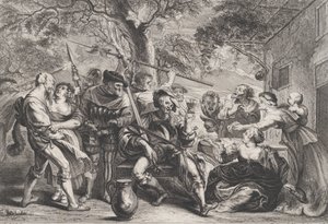 Dom Quixote e tropas de La Santa Hermandad fora de uma taverna, ca. 1635-79. de Frans van den Wyngaerde